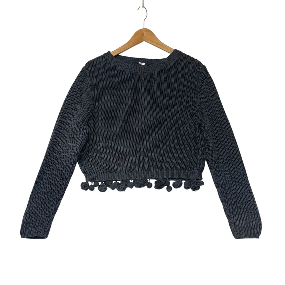 Chan‎ Luu Womens Dark Gray Pom Pom Trim Cropped Chunky Knit Sweater Size XS